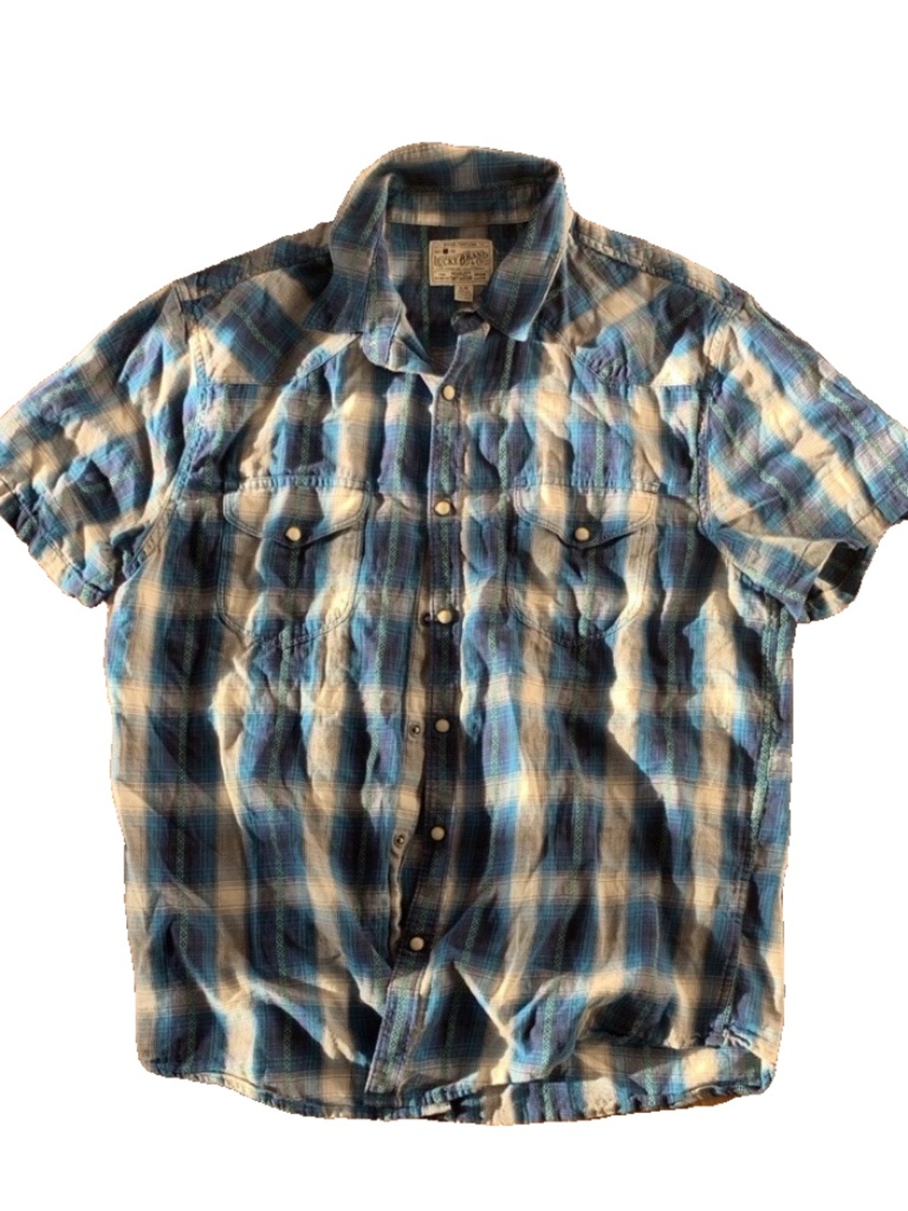 Lucky Brand Men's Cotton Plaid Button-Up Shirt Blue White Short Sleeve L/G 043